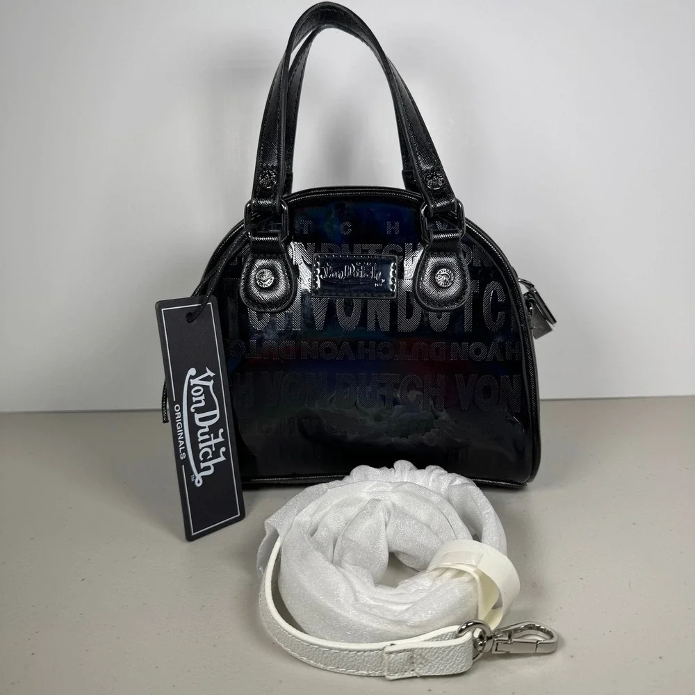 Von Dutch Mini Bowling Bag Black Onyx Reflective Holographic Y2K Satchel Handbag